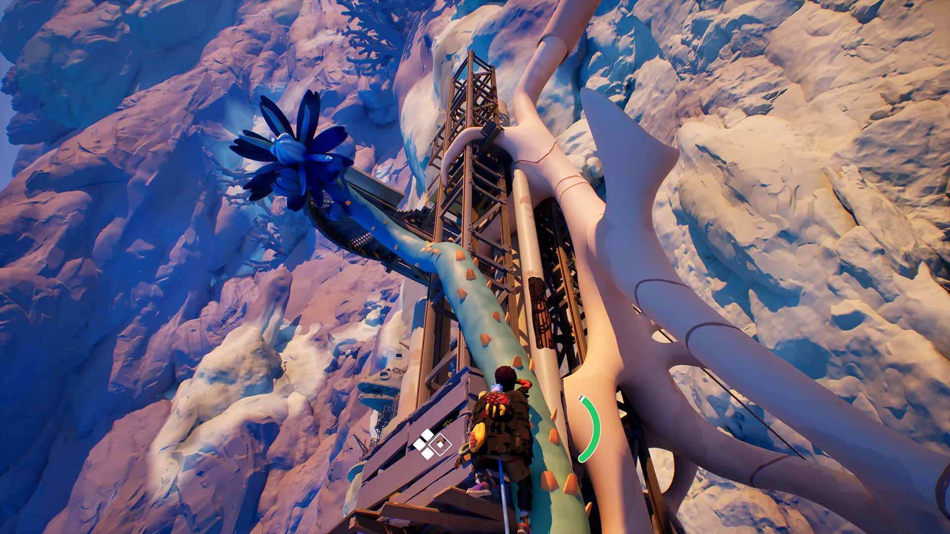 Player climbing a tower in Jusant, showing hand grip mechanics.